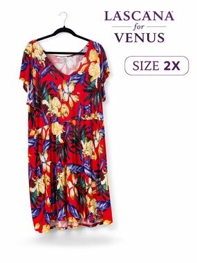 LASCANA for Venus Red Floral Midi Dress - Plus Size 2X